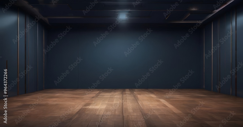 An empty room with a dark blue wall, wooden floor, and a single light source on the ceiling. An empty room with a dark blue wall, wooden floor, and a single light source on the ceiling.