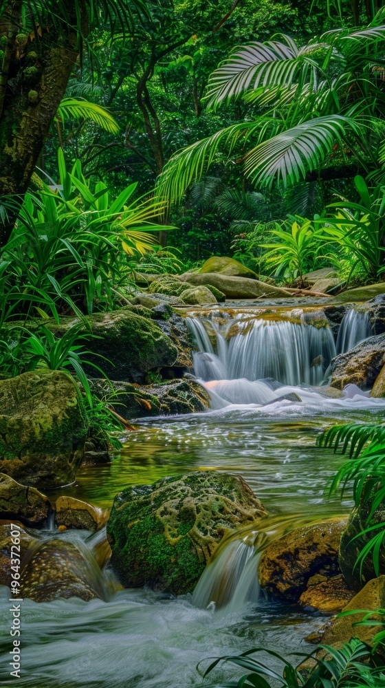 Lush rainforest waterfall, vivid greens, HDR clarity Lush rainforest waterfall, vivid greens, HDR clarity