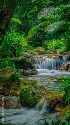 Lush rainforest waterfall, vivid greens, HDR clarity