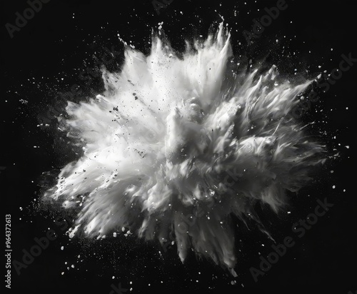 A dramatic black and white photograph of a large explosion, with a cloud of white powder and small particles scattered throughout the frame.