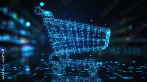 Digital shopping cart representing e-commerce and online shopping, set in a futuristic, technology-driven environment with glowing elements.