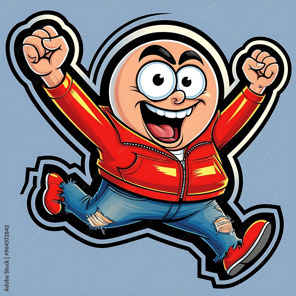 Cartoon vector illustration of a stylized character with a large head, jumping with wide eyes, arms raised, mouth open in excitement, wearing a red jacket, blue jeans. Cartoon vector illustration of a stylized character with a large head, jumping with wide eyes, arms raised, mouth open in excitement, wearing a red jacket, blue jeans.