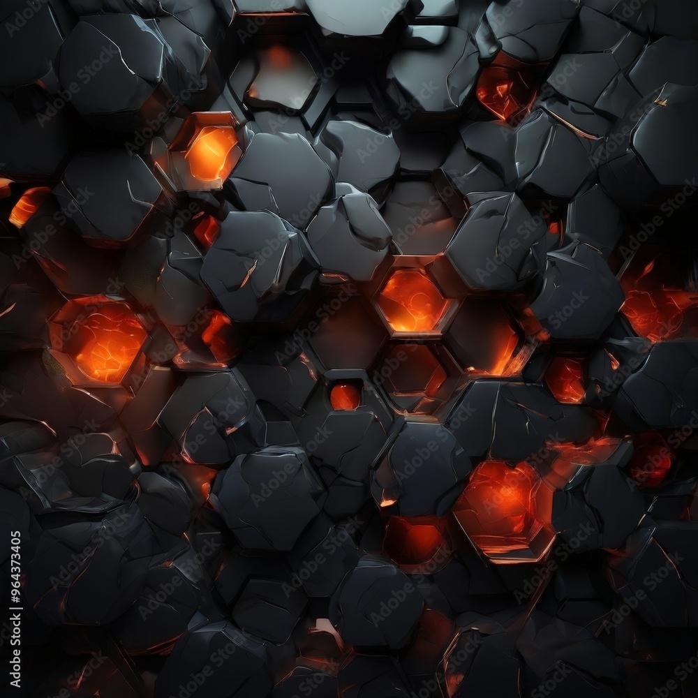 Obraz premium dark, hexagonal pattern with glowing orange and red lights embedded within it, creating a striking and futuristic visual effect.
