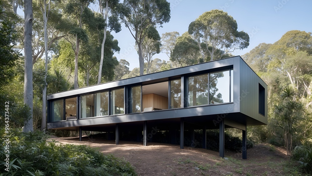 Modern, minimalist house nestled within a dense forest Modern, minimalist house nestled within a dense forest