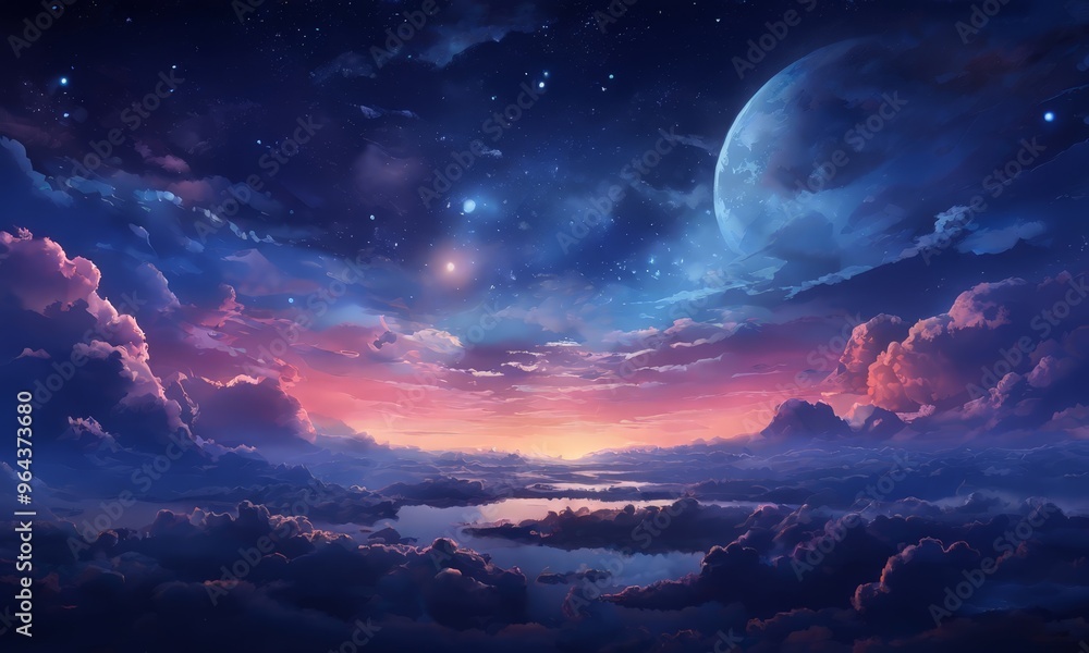 A breathtaking night sky with a large, partially illuminated moon, twinkling stars, and a vibrant sunset over a sea of clouds. A breathtaking night sky with a large, partially illuminated moon, twinkling stars, and a vibrant sunset over a sea of clouds.