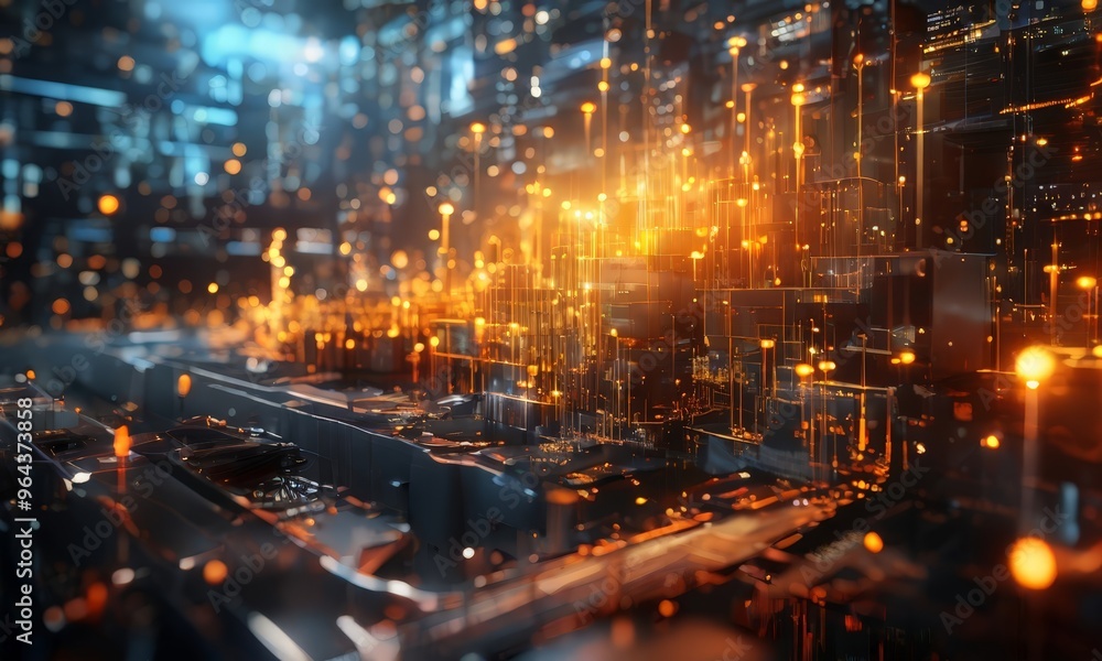 Fototapeta premium a futuristic cityscape with a complex network of glowing lines and lights, creating a sense of depth and dimensionality.