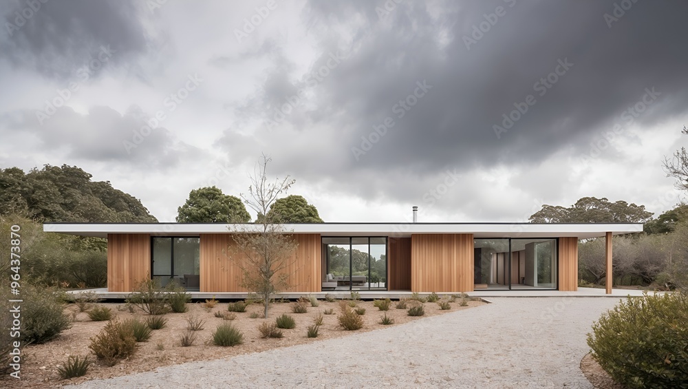 minimalist design, featuring a flat roof and a combination of wood and glass exterior minimalist design, featuring a flat roof and a combination of wood and glass exterior