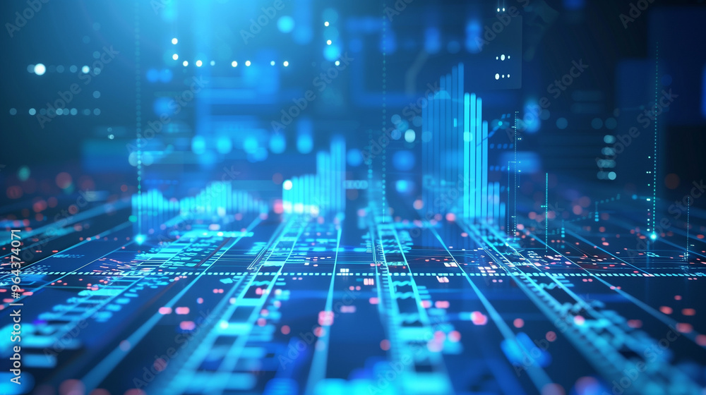 Futuristic Digital Financial Growth Concept with Glowing Data and Bar Graphs in Tech Industry, Emphasizing Innovation and Dynamic Visualization. Futuristic Digital Financial Growth Concept with Glowing Data and Bar Graphs in Tech Industry, Emphasizing Innovation and Dynamic Visualization.