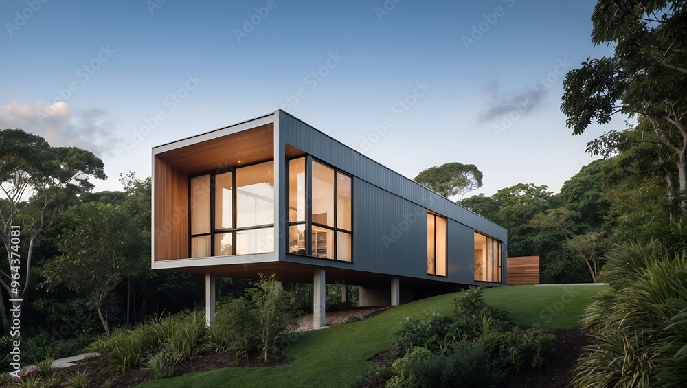 modern, minimalist house nestled in a lush, green landscape