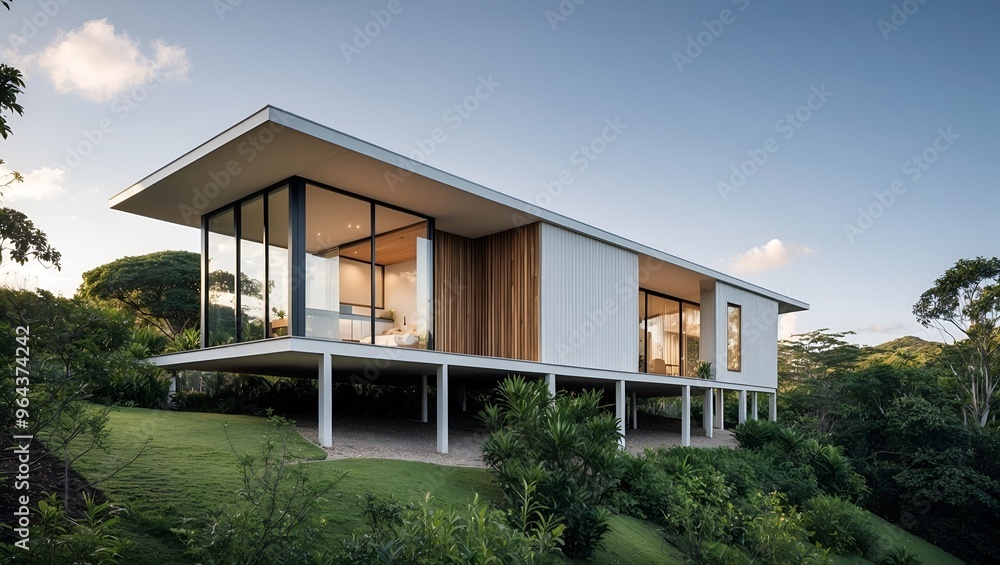 The house features a sleek, rectangular design with large glass windows and a combination of wood and metal exterior The house features a sleek, rectangular design with large glass windows and a combination of wood and metal exterior