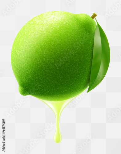 Lime juice dripping from fresh ripe lime, isolated on transparent background. Green ripe lime with fresh juice. Bright summer tropical design. Realistic 3d vector illustration