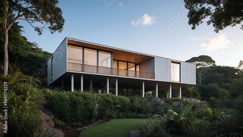  The house features a sleek, rectangular design with large glass windows and a combination of wood and metal exterior