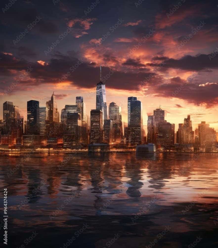 Fototapeta premium The New York City skyline at sunset, with the One World Trade Center tower standing tall against a dramatic sky filled with clouds and vibrant orange and red hues reflecting on the water.