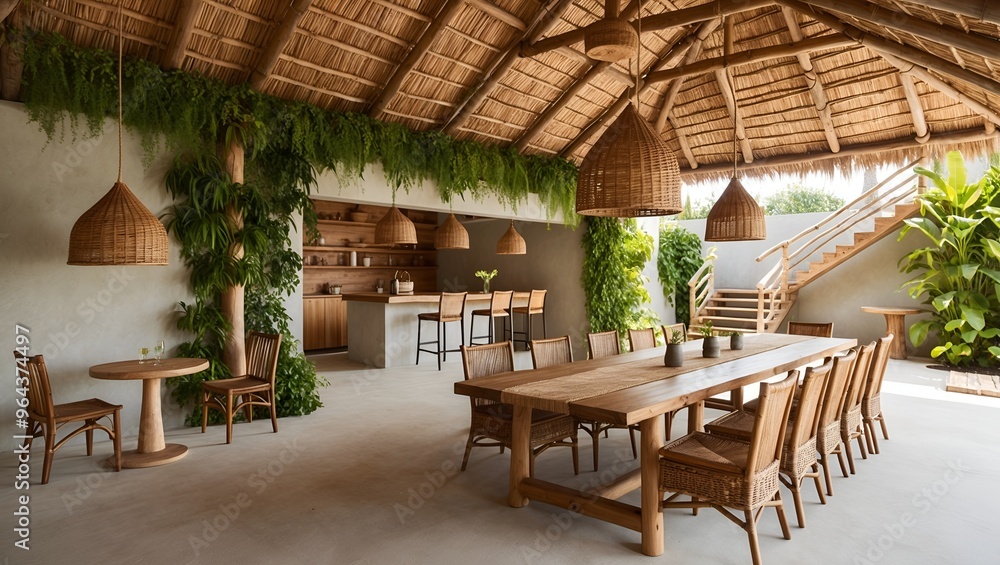 Obraz premium rustic, open-air dining area with a natural, earthy aesthetic. The layout features a long wooden dining table with wicker chairs, set under a thatched roof made of wooden slats and bamboo.