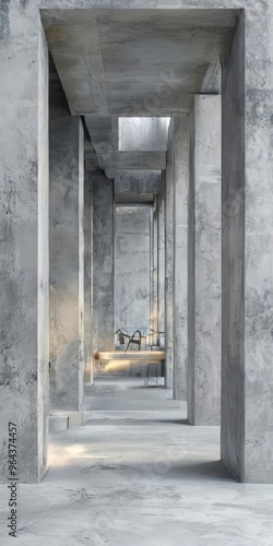 A long, narrow corridor with concrete walls and columns, leading to a small table with a chair in the distance.