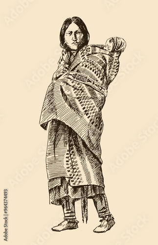 Standing young Native american woman carrying child