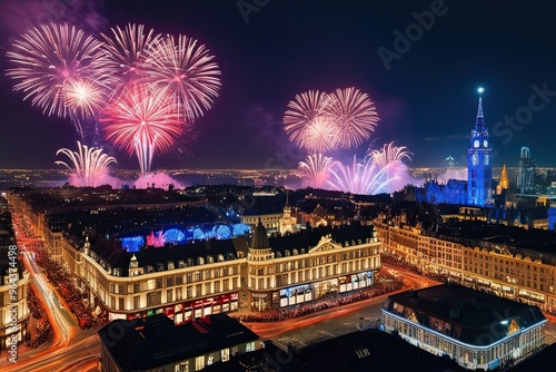 Breathtaking City Skyline with Holiday Fireworks and New Year Celebrations