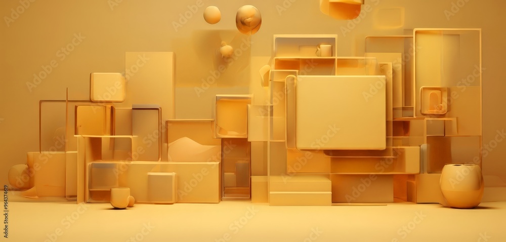 geometric composition, featuring a variety of shapes and forms in a warm, yellow-toned palette. The arrangement of the objects creates a sense of depth and complexity, with the geometric composition, featuring a variety of shapes and forms in a warm, yellow-toned palette. The arrangement of the objects creates a sense of depth and complexity, with the