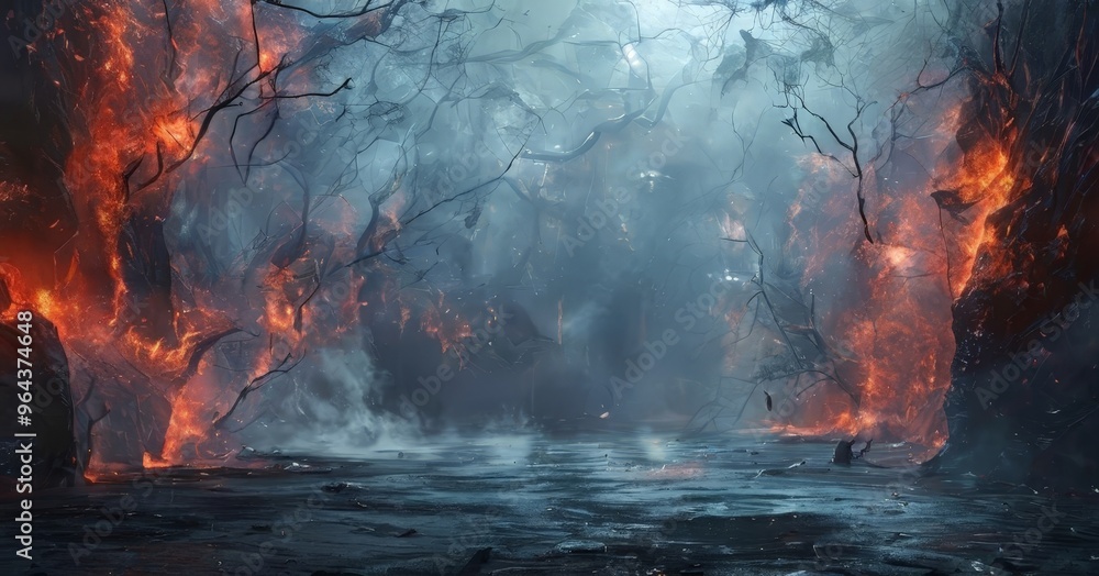 a dramatic scene of a forest engulfed in flames, with a body of water in the foreground. The fiery hues of the burning trees and the dark blue-gray water create a sense of a dramatic scene of a forest engulfed in flames, with a body of water in the foreground. The fiery hues of the burning trees and the dark blue-gray water create a sense of