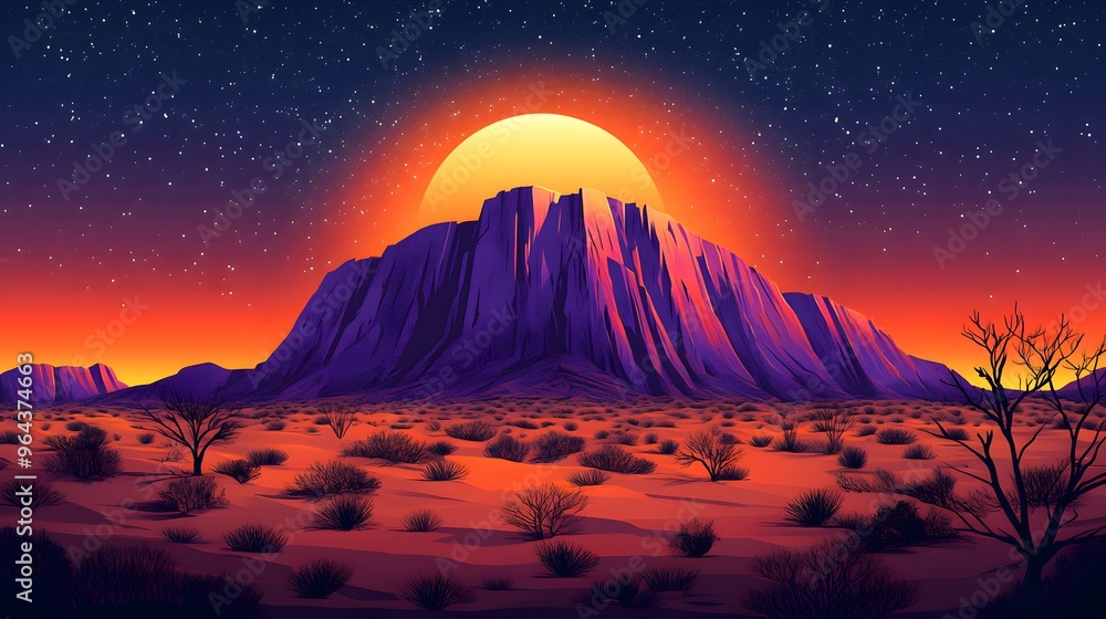 Sunset Desert Landscape with Mountain and Stars Sunset Desert Landscape with Mountain and Stars