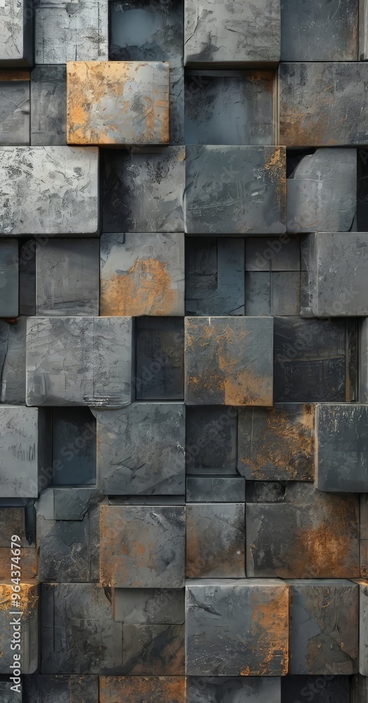 a close-up view of a wall composed of numerous gray and orange cubes arranged in a grid-like pattern. The cubes have a rough, weathered appearance, suggesting they have been a close-up view of a wall composed of numerous gray and orange cubes arranged in a grid-like pattern. The cubes have a rough, weathered appearance, suggesting they have been