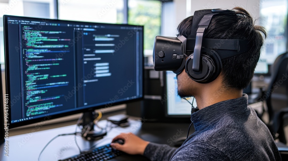 An engineer debugging software in an immersive development environment. An engineer debugging software in an immersive development environment.