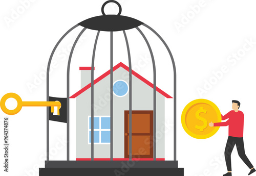 Male pay money to unlock house from cage. House inside the cage with Locked-Business and financial problems.

