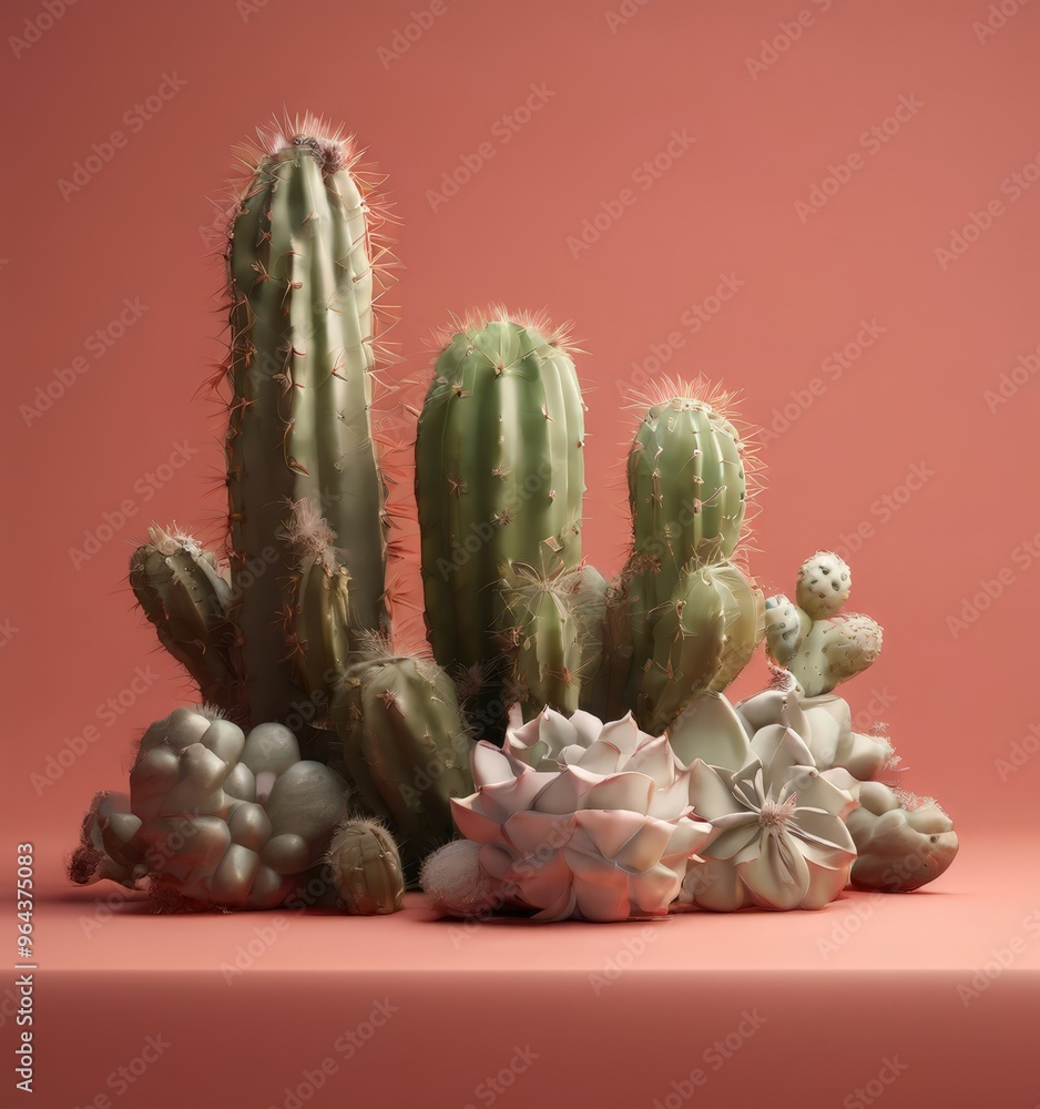 A still life arrangement of various cacti and succulents against a pink background. A still life arrangement of various cacti and succulents against a pink background.