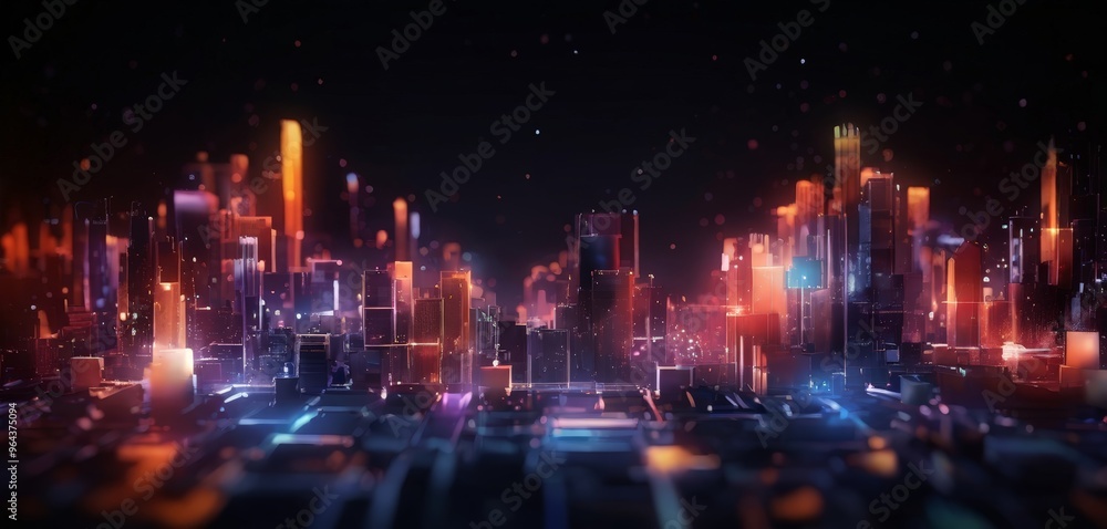 Fototapeta premium A futuristic cityscape with tall buildings illuminated by a myriad of colorful lights, set against a dark background with scattered stars.