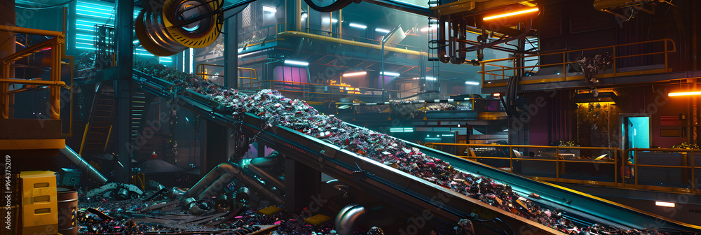Futuristic waste management facility. High-tech machines sorting and processing refuse and set in a neon-lit cityscape. Futuristic waste management facility. High-tech machines sorting and processing refuse and set in a neon-lit cityscape.