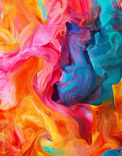 Wallpaper Mural a vibrant abstract painting featuring a swirling pattern of pink, orange, blue, and yellow hues, creating a dynamic and energetic visual effect. Torontodigital.ca