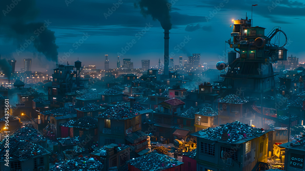 Fototapeta premium Futuristic waste management facility. High-tech machines sorting and processing refuse and set in a neon-lit cityscape. 