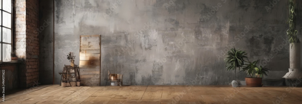 a minimalist interior design with a concrete wall, wooden floor, and two potted plants. A large window on the left wall allows natural light to enter the space, and a wooden a minimalist interior design with a concrete wall, wooden floor, and two potted plants. A large window on the left wall allows natural light to enter the space, and a wooden