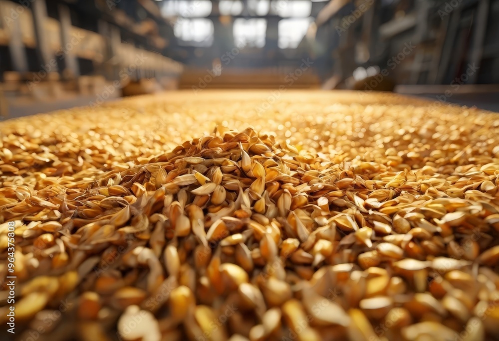 Obraz premium A close-up view of a pile of golden wheat grains, with a blurred background of a warehouse or storage area.