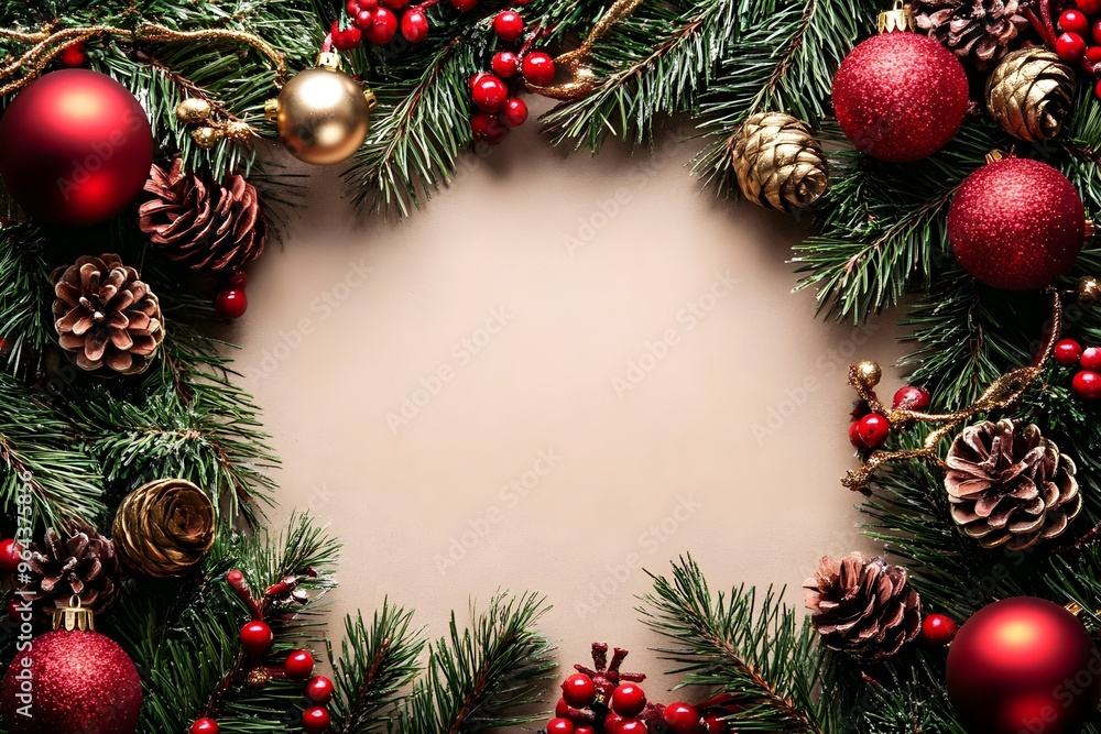 Festive Christmas Frame Background with Pinecones, Ornaments and Fir - Blank Space for Text or Message in Elegant Holiday Design Festive Christmas Frame Background with Pinecones, Ornaments and Fir - Blank Space for Text or Message in Elegant Holiday Design