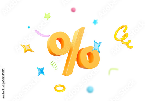 3d yellow percent sign with confetti. Stock vector illustration on isolated background.