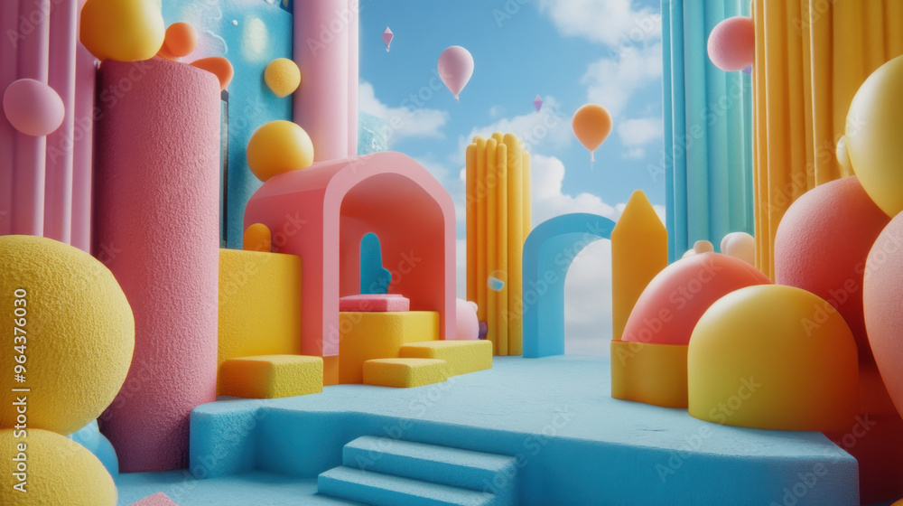 Colorful abstract playground with whimsical shapes and vibrant balloons under a bright blue sky with scattered clouds. Colorful abstract playground with whimsical shapes and vibrant balloons under a bright blue sky with scattered clouds.