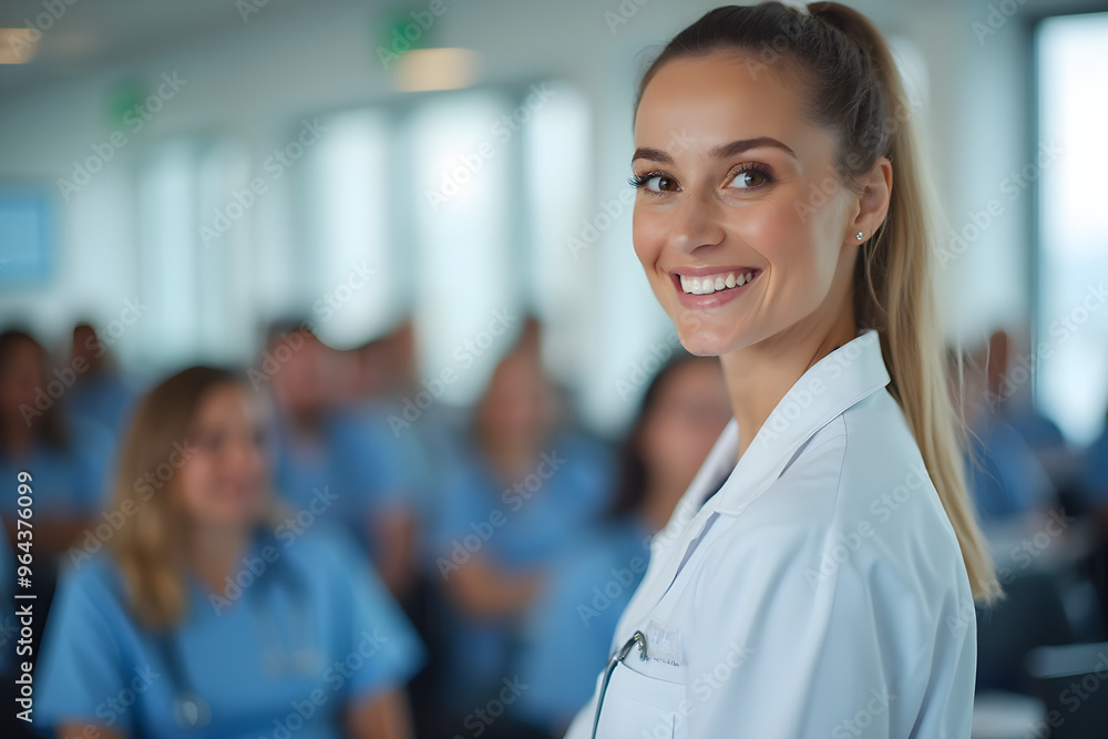 female woman doctor nurse portrait shot smiling cheerful confident standing front row in medical training class or seminar room background female woman doctor nurse portrait shot smiling cheerful confident standing front row in medical training class or seminar room background