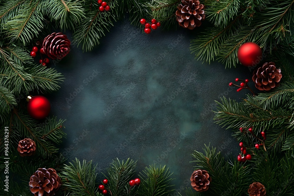 Festive Christmas Frame Background with Pinecones, Ornaments and Fir - Blank Space for Text or Message in Elegant Holiday Design Festive Christmas Frame Background with Pinecones, Ornaments and Fir - Blank Space for Text or Message in Elegant Holiday Design