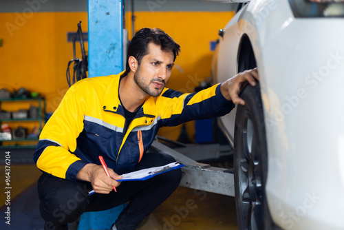 Mechanic checking checking the depth of car tire tread. Car maintenance and auto service garage