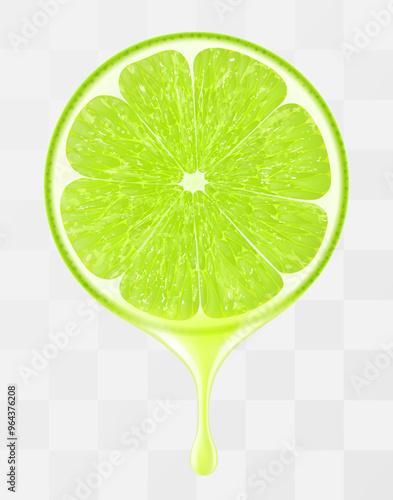 Lime juice dripping from fresh ripe lime, isolated on transparent background. Green ripe lime with fresh juice. Bright summer tropical design. Realistic 3d vector illustration