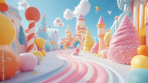 Whimsical candy land with colorful sweets, playful towers, and a winding pathway. Perfect for fantasy themes and playful designs.