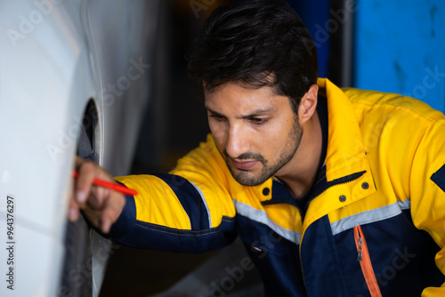 Mechanic checking checking the depth of car tire tread. Car maintenance and auto service garage