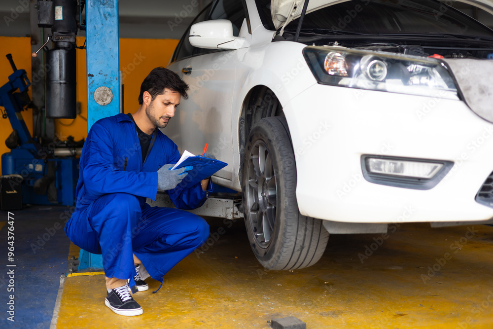 Fototapeta premium Mechanic checking checking the depth of car tire tread. Car maintenance and auto service garage