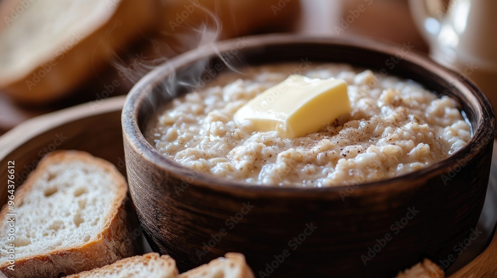 Oatmeal, milk, bowl, wooden background. Generative AI Oatmeal, milk, bowl, wooden background. Generative AI