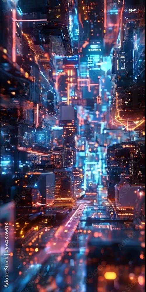 Obraz premium futuristic cityscape, with a multitude of buildings and structures illuminated by a myriad of lights, creating a vibrant and dynamic scene.
