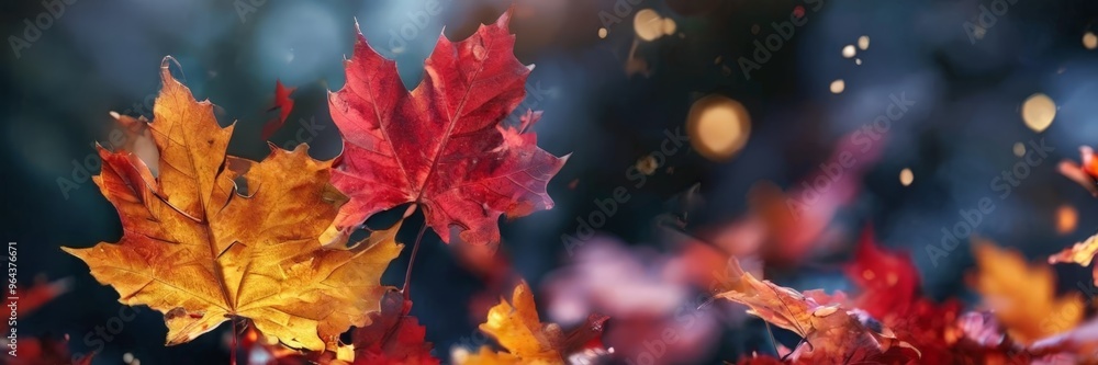 a close-up view of vibrant autumn leaves in various shades of orange and red, set against a blurred background of a dark blue sky with scattered white and yellow lights. a close-up view of vibrant autumn leaves in various shades of orange and red, set against a blurred background of a dark blue sky with scattered white and yellow lights.