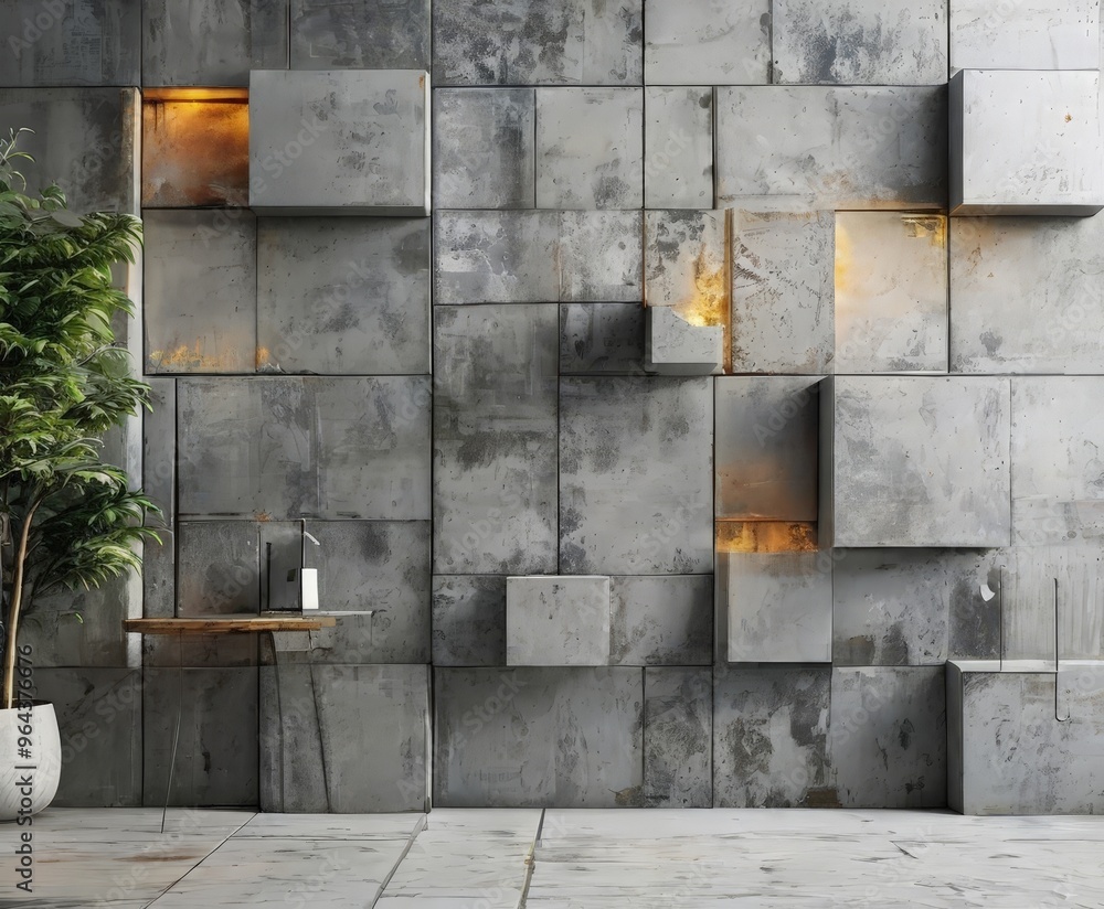 a modern interior design with a concrete wall featuring a grid-like pattern of cubes, a small table, and a potted plant. a modern interior design with a concrete wall featuring a grid-like pattern of cubes, a small table, and a potted plant.