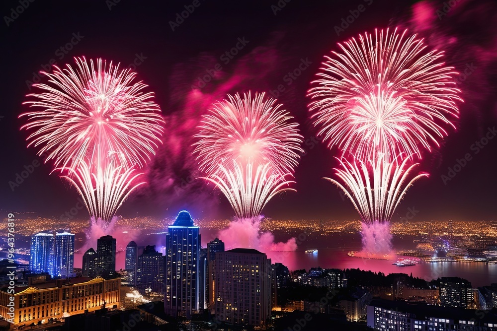 Spectacular Christmas and New Year Fireworks Show Over Stunning City Skyline Spectacular Christmas and New Year Fireworks Show Over Stunning City Skyline