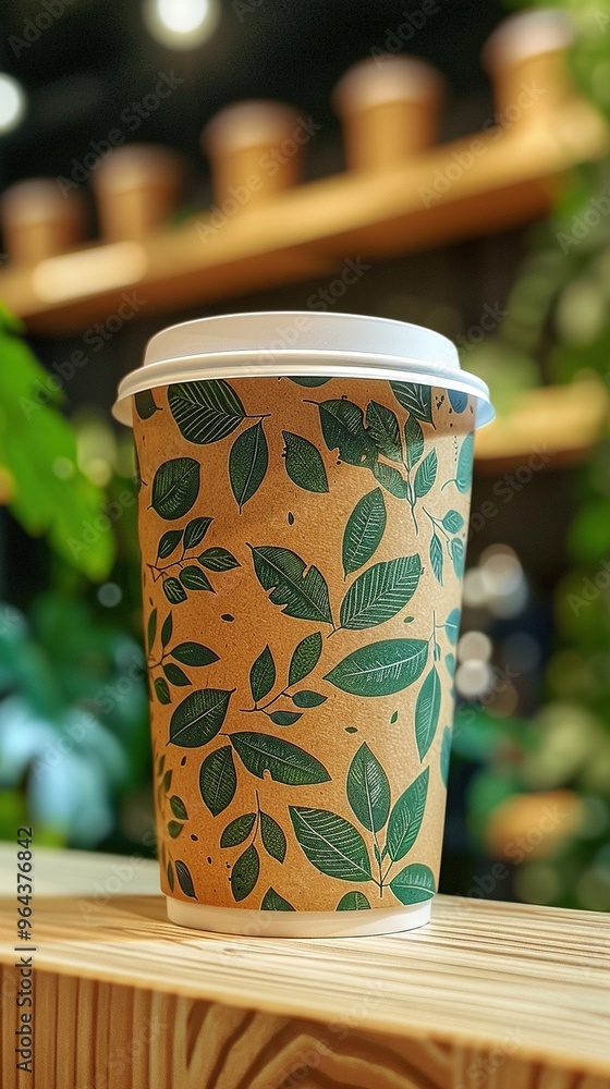 A coffee cup with a leaf pattern sits on a wooden table A coffee cup with a leaf pattern sits on a wooden table